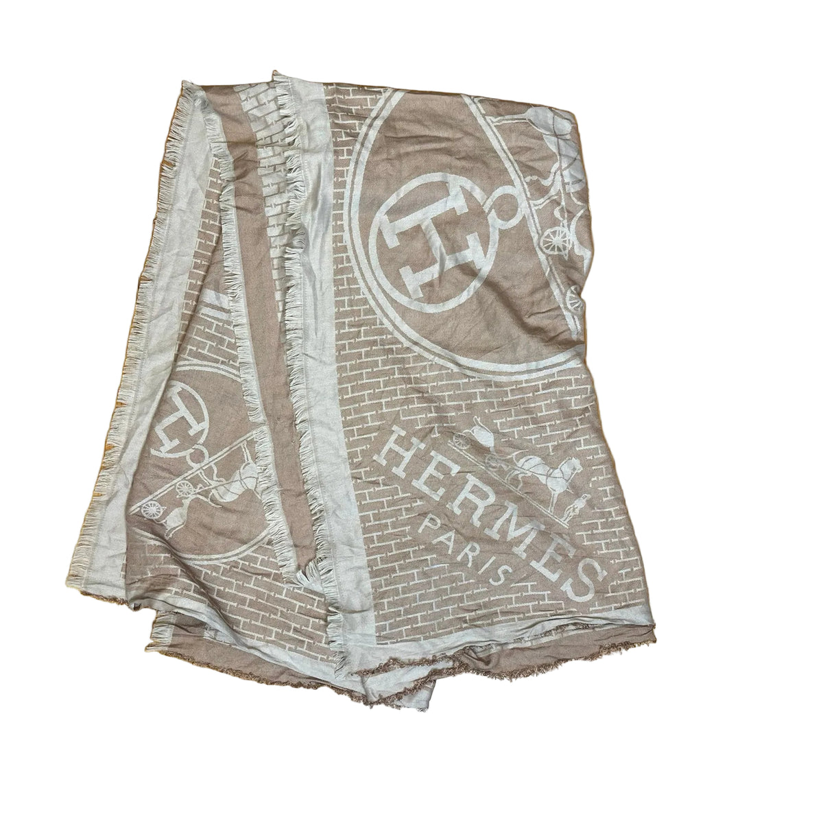 Authentic Hermès New Libris Cashmere & Silk Jacquard Shawl – Beige Naturel