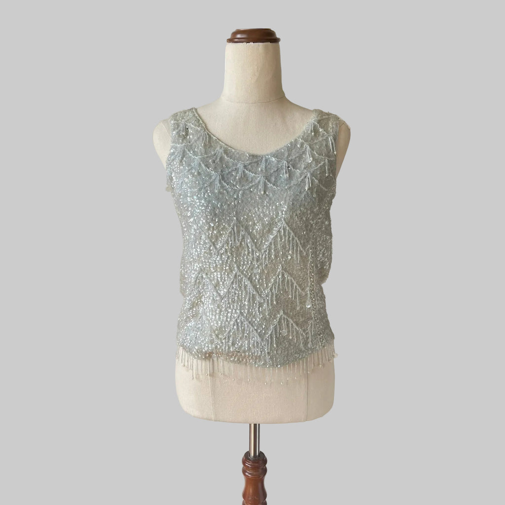 100% Wool Vintage Sequin Top - Light Mint Green