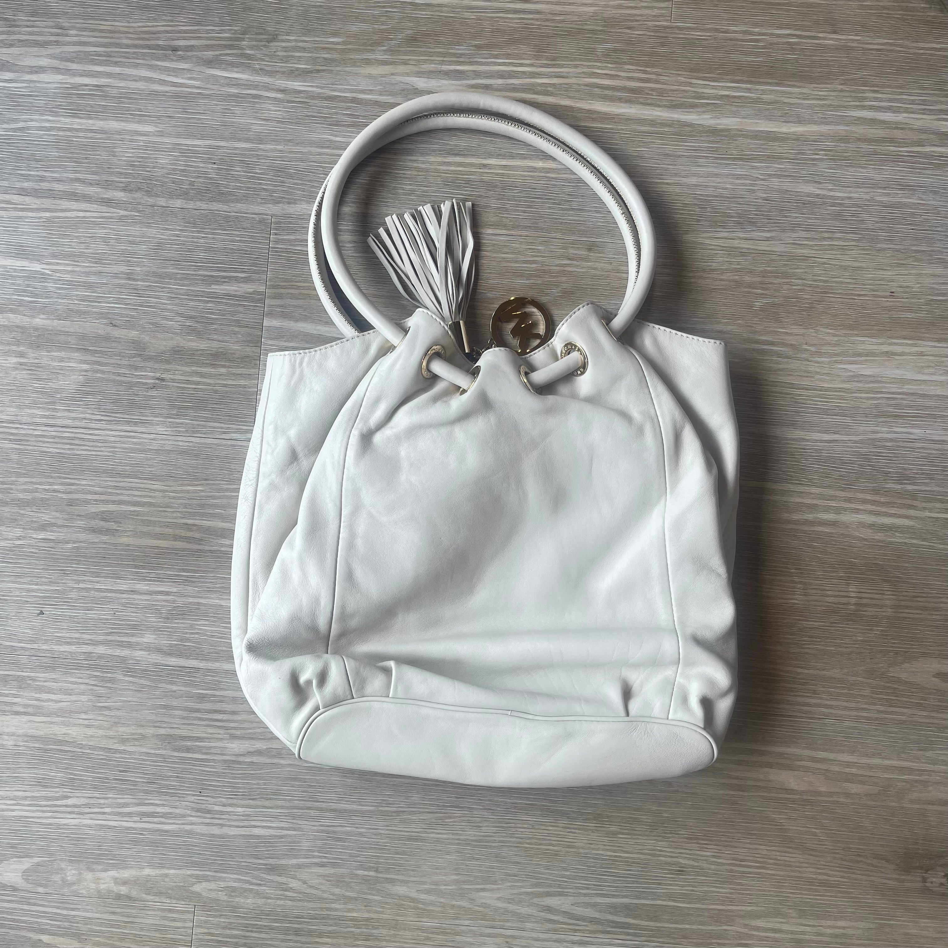 Authentic Michael Kors Large Camden Drawstring Satchel / Tote - Optic White Leather