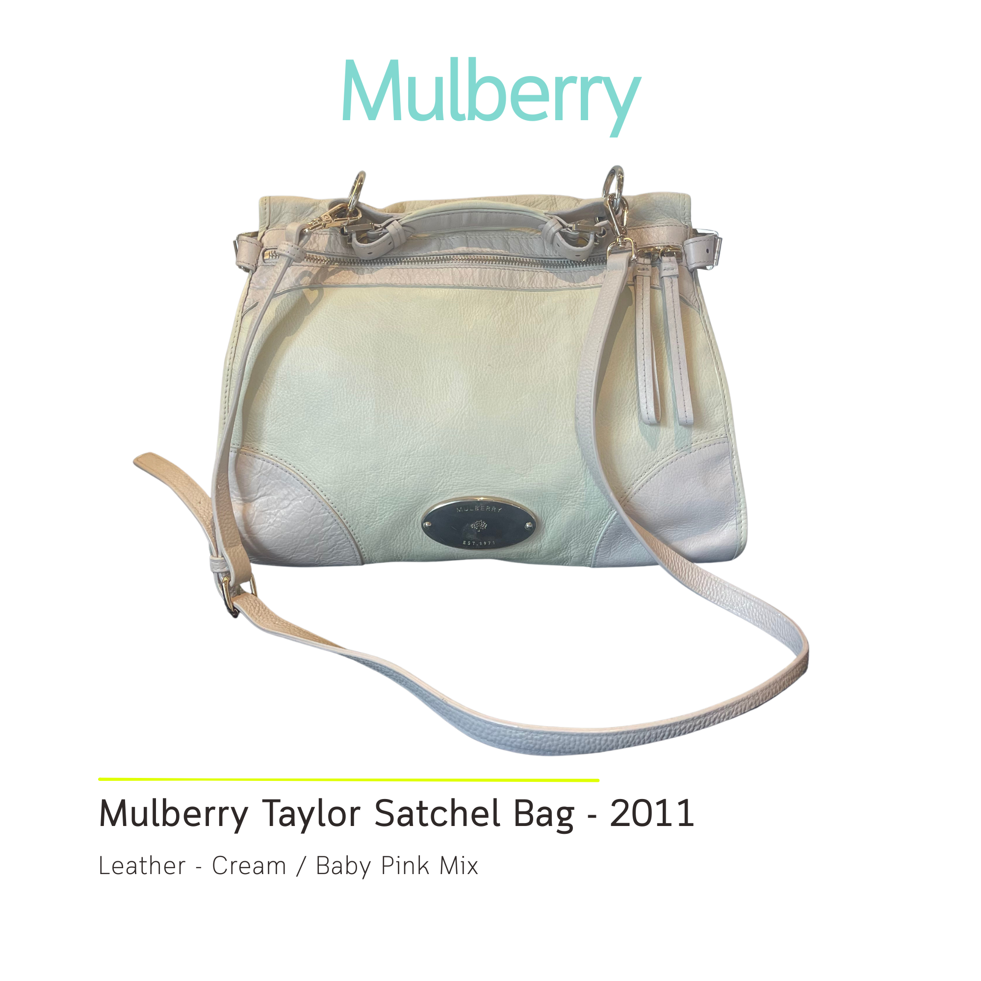 Authentic Mulberry Taylor Leather Satchel Bag – Cream / Baby Pink Mix