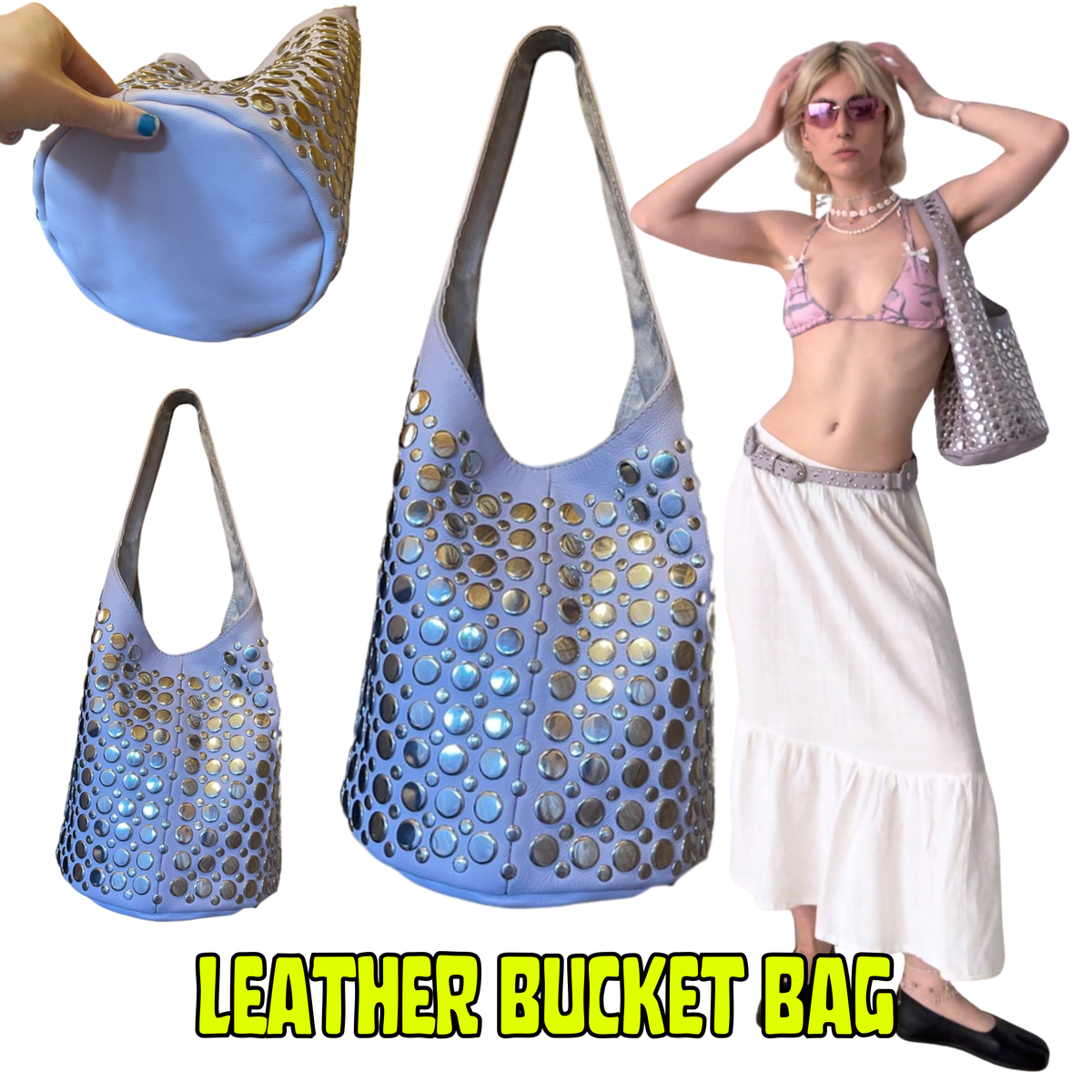 Lilac Leather Studded Bucket Bag