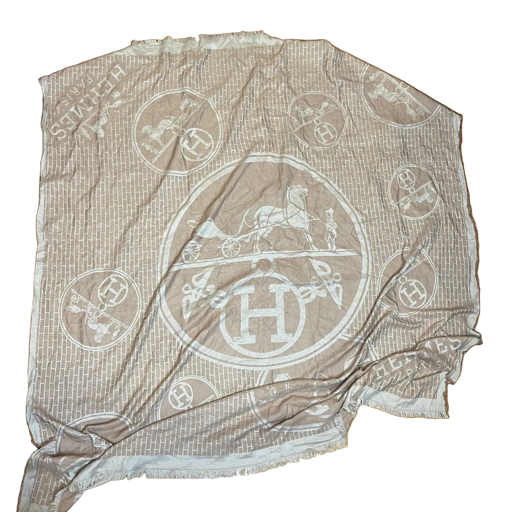 Authentic Hermès New Libris Cashmere & Silk Jacquard Shawl – Beige Naturel
