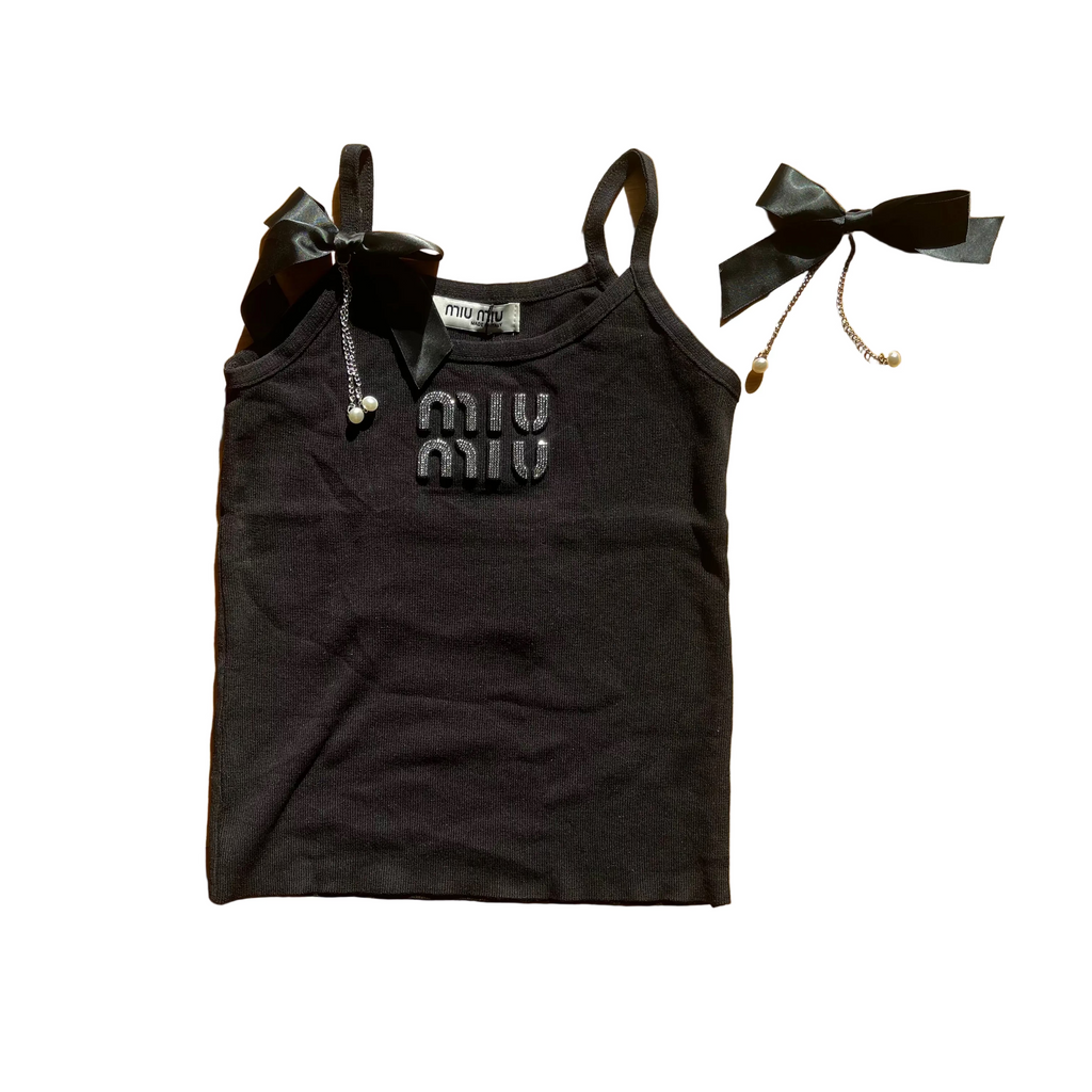 Miu Miu-Style Black Bow &amp; Rhinestone Singlet