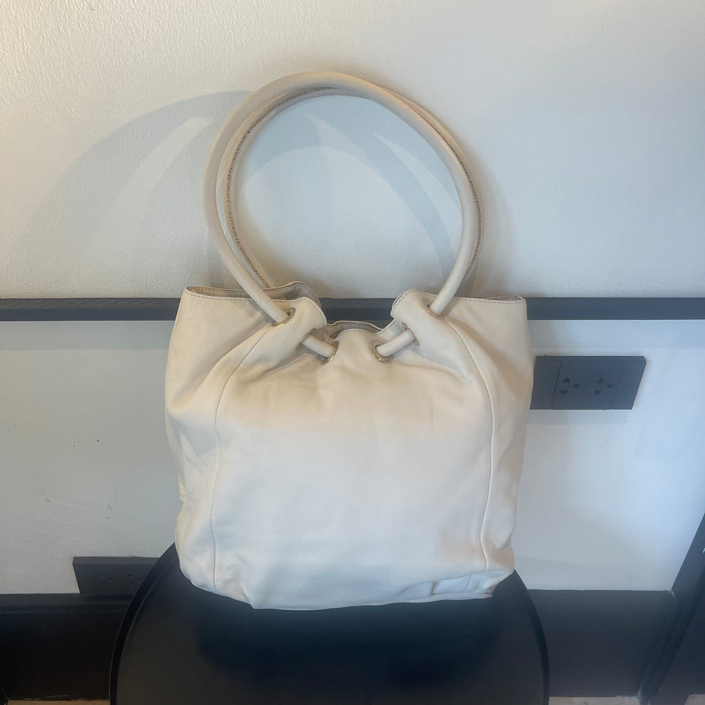 Authentic Michael Kors Large Camden Drawstring Satchel / Tote - Optic White Leather