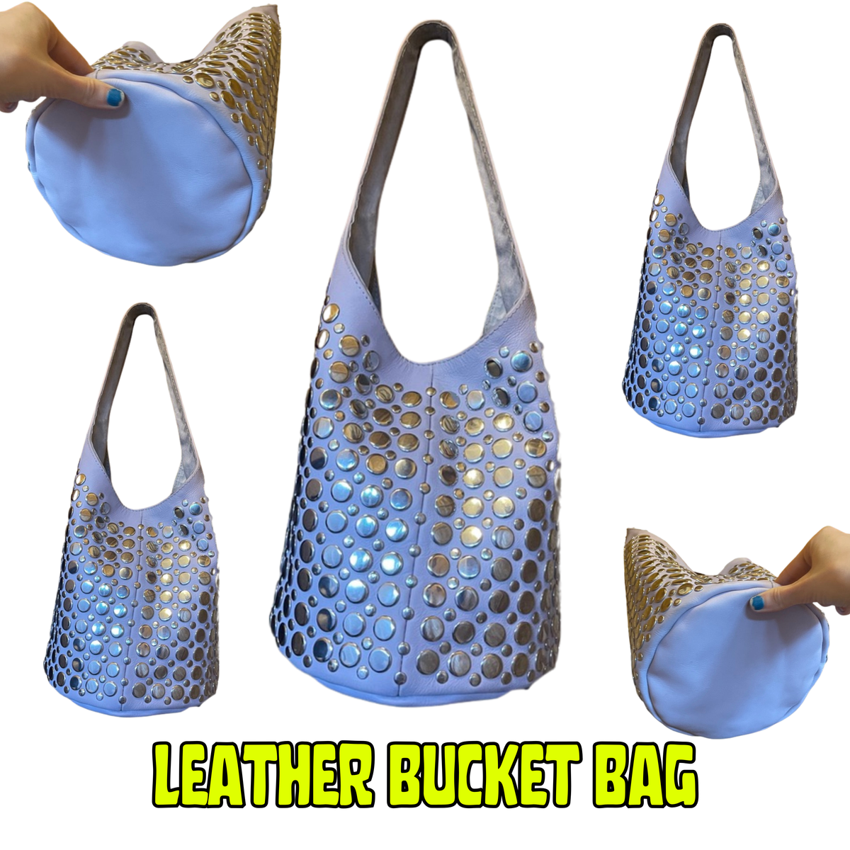 Lilac Leather Studded Bucket Bag