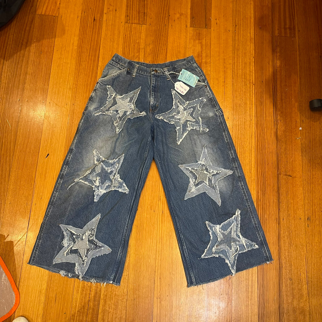 Blue patchwork jeans - reworked stars