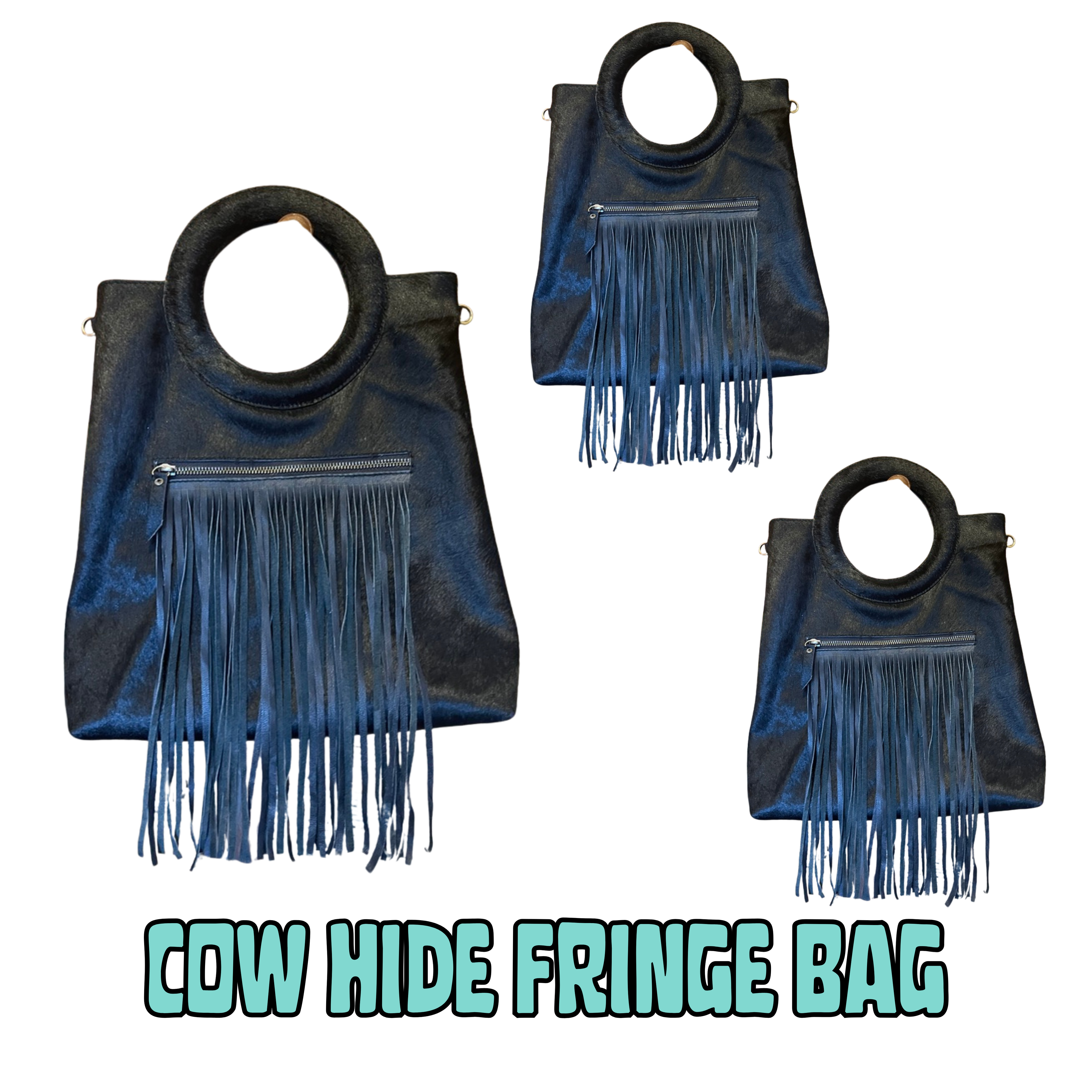 Cow hide Fringe Handbag - Black
